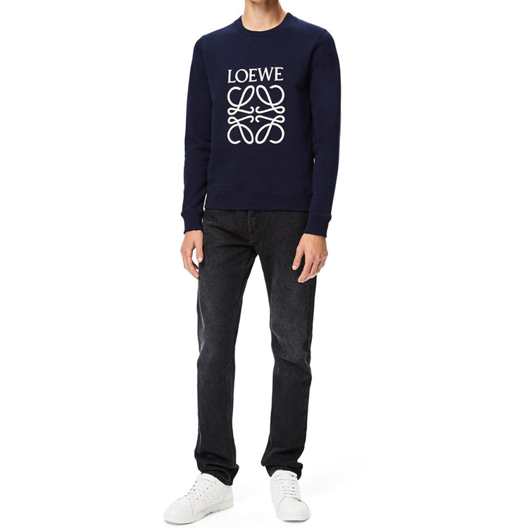 Men's LOEWE Anagram Logo Embroidered Cotton Pullover Navy Blue H526341XA1-5110