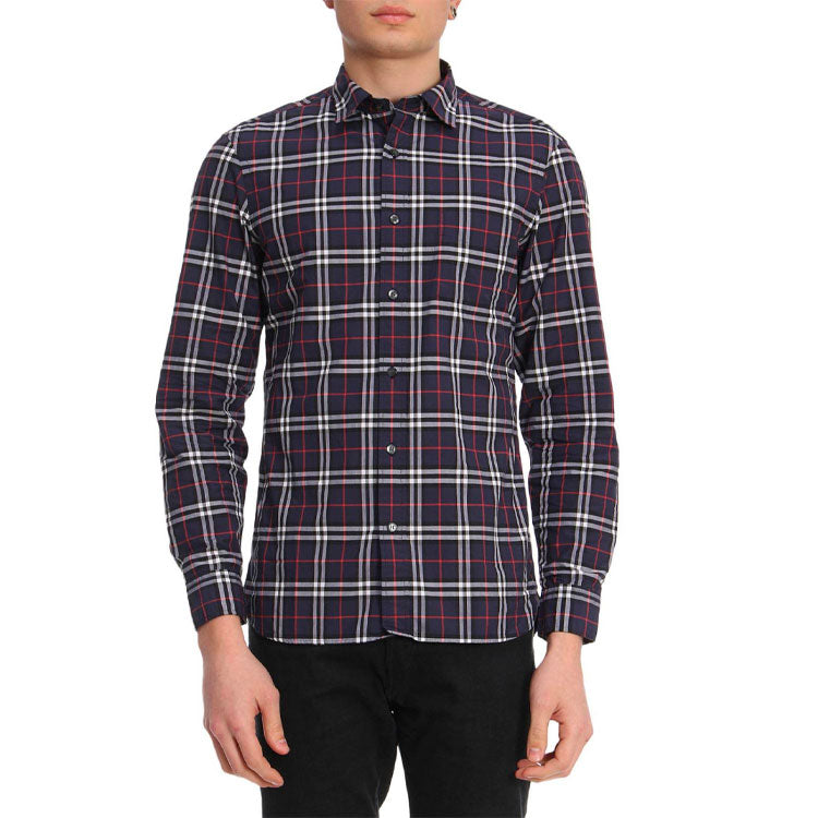 Men's Burberry Plaid Long Sleeves Shirt Navy Blue 40618121