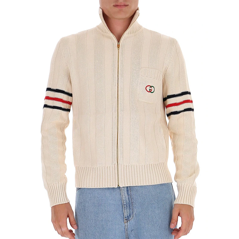 Gucci Stripe Zipper Stand-up Collar Knit Coat Male Cream-coloured 630423-XKBGM-9071