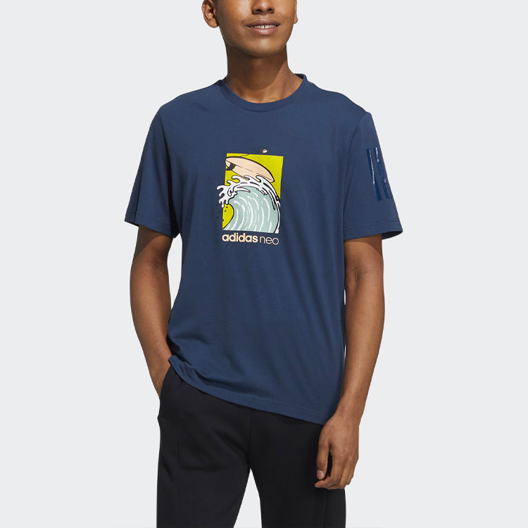 Men's adidas neo Pattern Cartoon Printing Sports Round Neck Short Sleeve Navy Blue T-Shirt GS2580