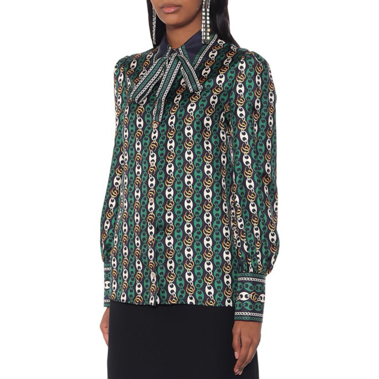 (WMNS) Gucci Bow Tie Boat Anchor Chain Printed Silk Shirt For Green 602042-ZAC7W-4667