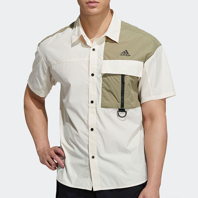 Men's adidas Colorblock Pocket Logo Loose Sports Short Sleeve Shirt Beige H13777