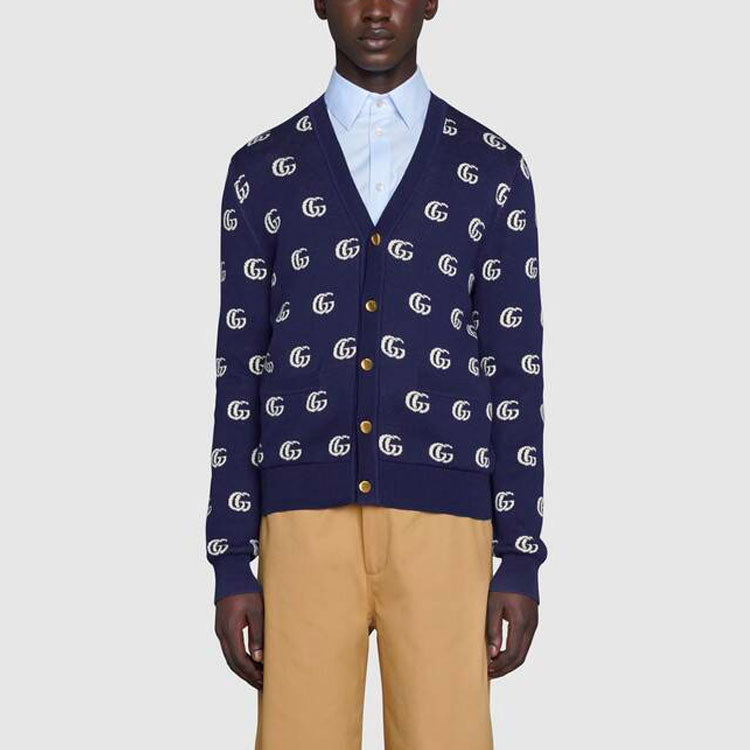 Men's Gucci FW21 GG Full Print Cotton Jacquard Knit Cardigan Blue 660285-XKBVB-4594