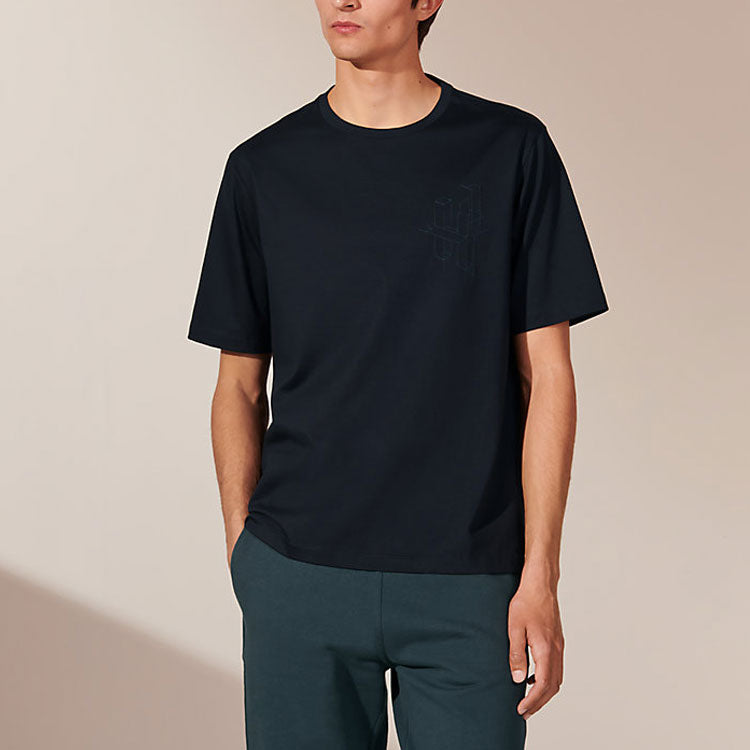 Men's HERMES 3D Embroidered Pattern Cotton Round Neck Short Sleeve Black T-Shirt H167605HA01