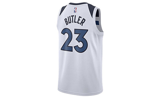 قميص كرة السلة Nike NBA، إصدار SW للمشجعين، من فريق Minnesota Timberwulfs Jimmy Butler 23، أبيض وأزرق، 864431-102