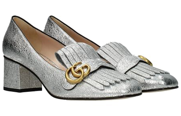 (WMNS) Gucci Marmont Fringe Loafer Mid-Heel 'Metallic Silver Foil' 408208-DKT00-8106