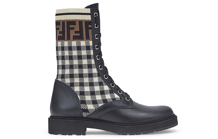 (WMNS) حذاء بايكر من الجلد الأسود من FENDI مع قماش مطاطي "أسود أبيض" 8T6780AD7AF1BPG