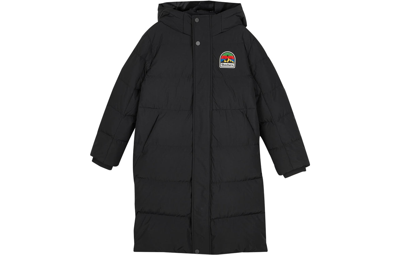 (GS) Skechers Letter Printed Woven Long Hooded Down Jacket 'Black Yellow' L423K097-0018
