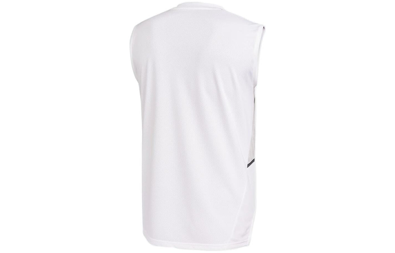 Men's adidas Solid Color Stripe Logo Round Neck Soccer/Football White Vest GH7160
