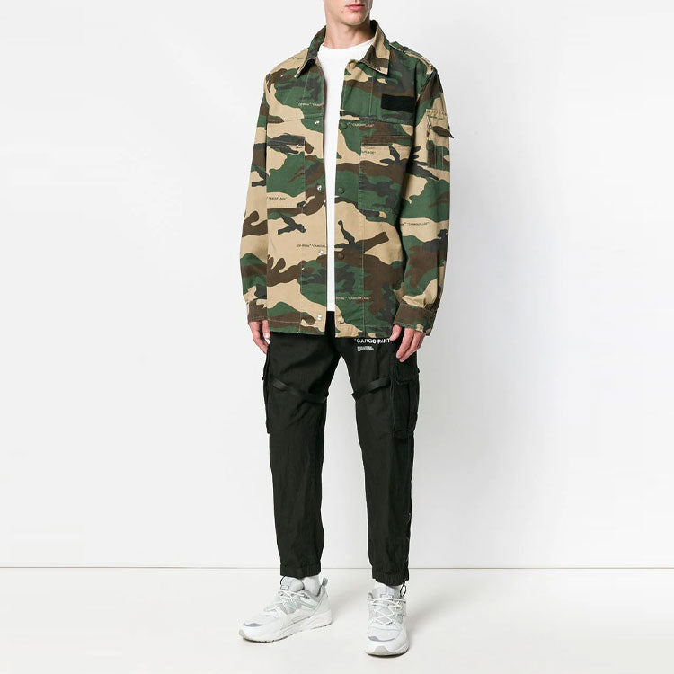 Men's Off-White Logo Printing Lapel Camouflage Jacket Loose Fit Green OMGA063E18A300039901