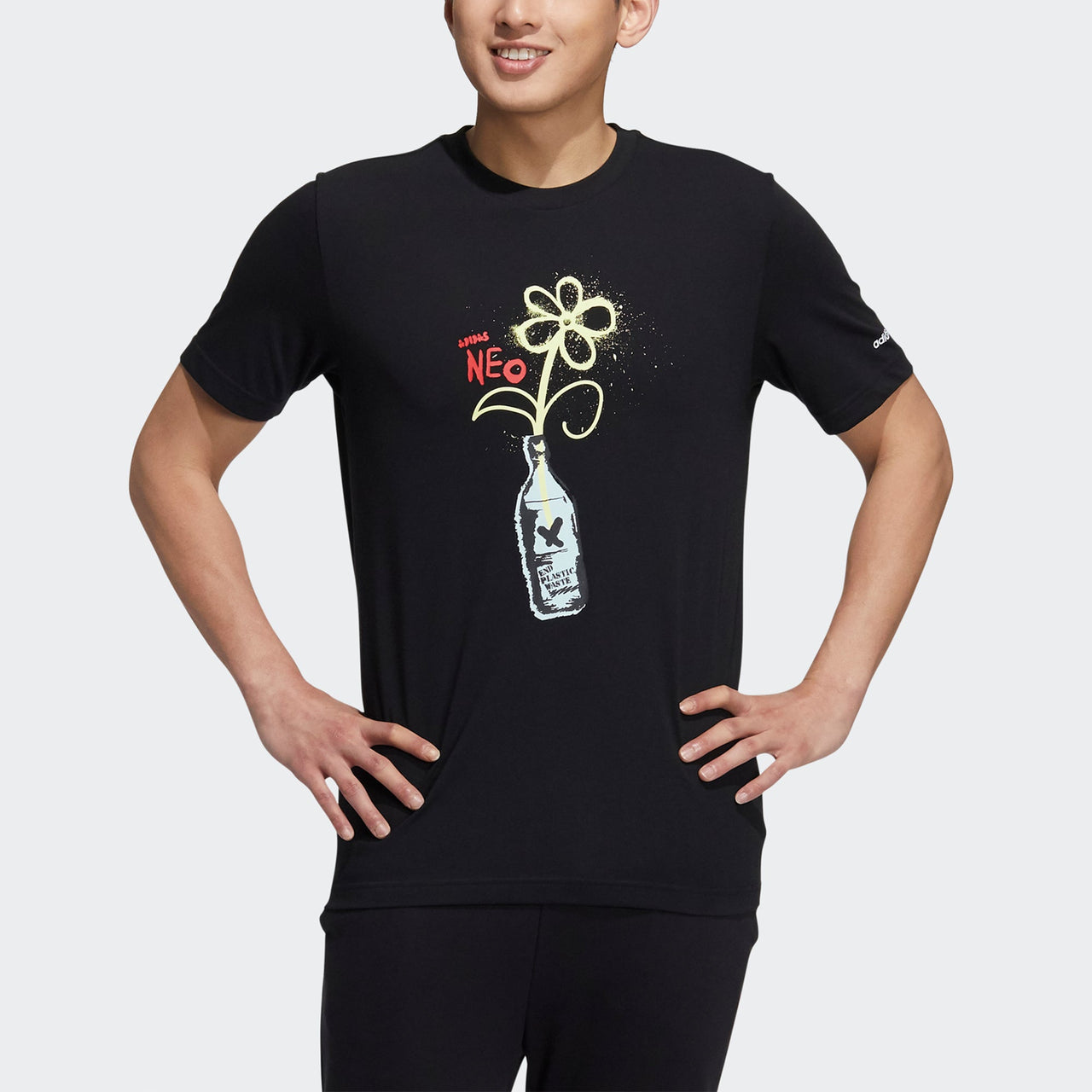 adidas neo M July Tee 1 Cartoon Printing Sports Round Neck Short Sleeve Black HF0463