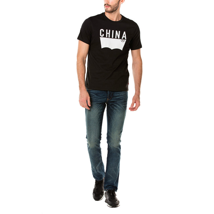 Men's Levis City Logo Pattern Printing Round Neck Short Sleeve Black T-Shirt 21945-0215