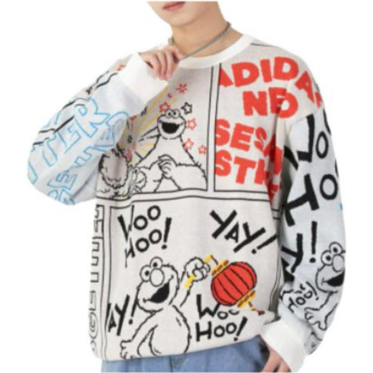 تيشيرت adidas x SESAME STREET مطبوع عليه رسوم متحركة بأحرف أبجدية كاملة وياقة مستديرة، لون بيج HD7294