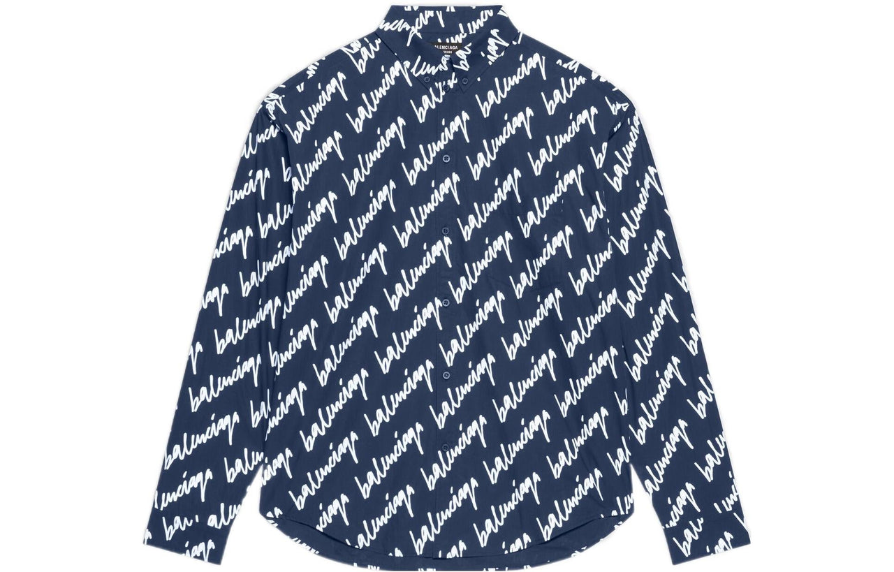 Balenciaga Scribble Logo Short Sleeve Shirt Large Fit 'Midnight Blue' 662983TLLJ48502