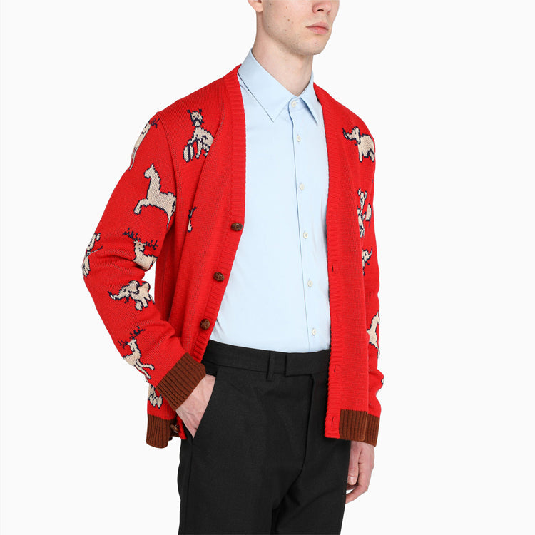 Gucci Hawaii Animal Jacquard Wool Knitted Cardigan For Men Red 626635-XKBGB-6229