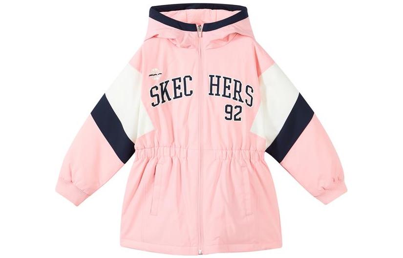 (GS) Skechers Letter Number Print Hooded Zipper Down Jacket 'Black White Pink' P422G016
