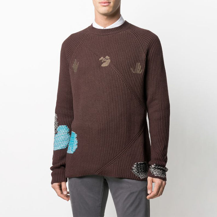 Men's Off-White Embroidered Ribbed Knit Pullover Wool Sweater Brown OMHE060F20KNI0016018