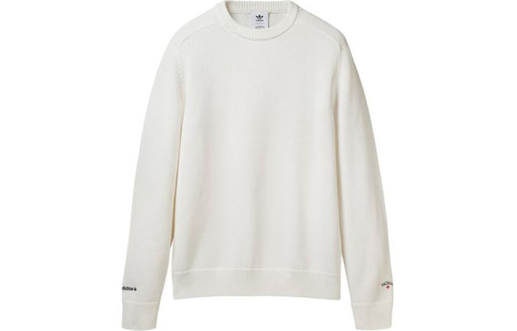 بلوفر رجالي من adidas originals SS22 مطبوع عليه شعار، برقبة دائرية، وأكمام طويلة، محبوك، أبيض، HI2931