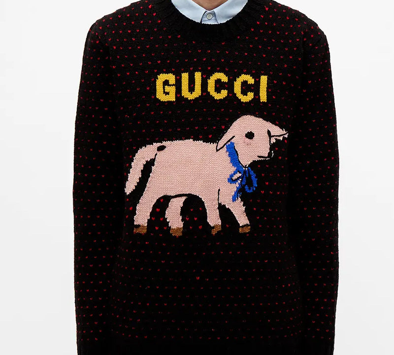 Gucci Lamb Pattern Crewneck Knitted Long Sleeve Sweater For Men Black 595499-XKAUZ-1082