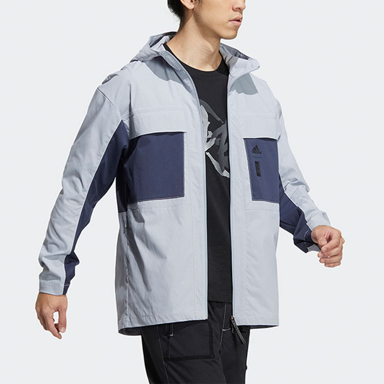 Men's adidas Solid Color Hooded Zipper Jacket Deep Navy Blue HE5134