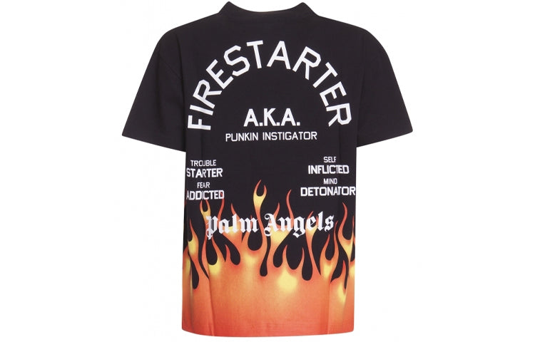 Men's PALM ANGELS FIRESTARTER Flame Printing Loose Short Sleeve Black PMAA0014130171088