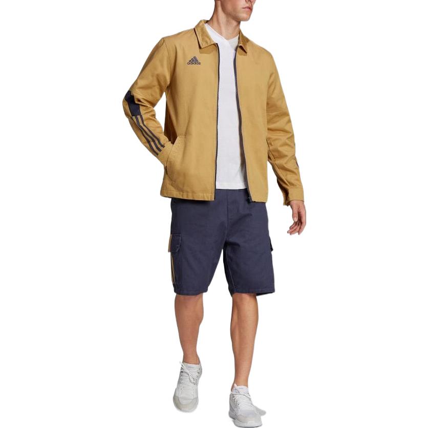 Men's adidas Micro Mark Stripe Logo Printing Lapel Long Sleeves Brown Jacket H56616