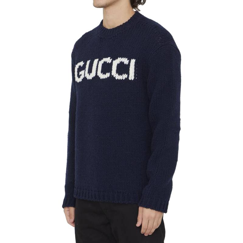 Gucci Knit Wool Jumper With Gucci Intarsia 'Blue Ivory' 761539-XKDK4-4492