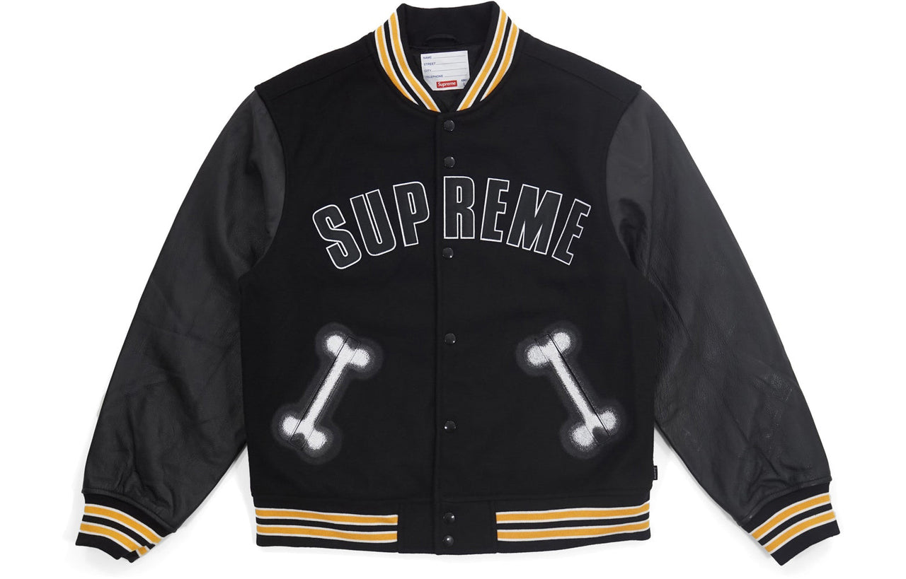 Supreme FW18 Bone Varsity Jacket Black Sleeve baseball uniform Unisex SUP-FW18-491