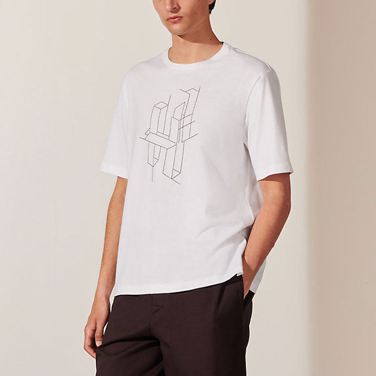 Men's HERMES FW21 3D Effect Alphabet Pattern Round Neck Pullover Short Sleeve White T-Shirt H167610HA90