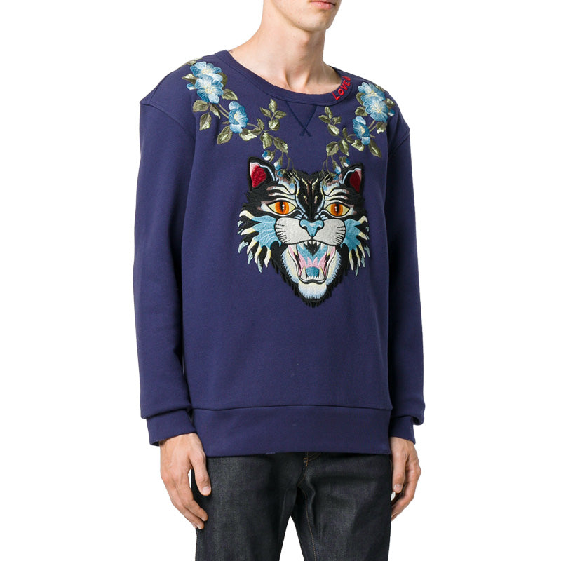 Men's Gucci CAT Pattern Embroidered Round Neck Pullover Long Sleeves Blue 475373-X9B11-4944