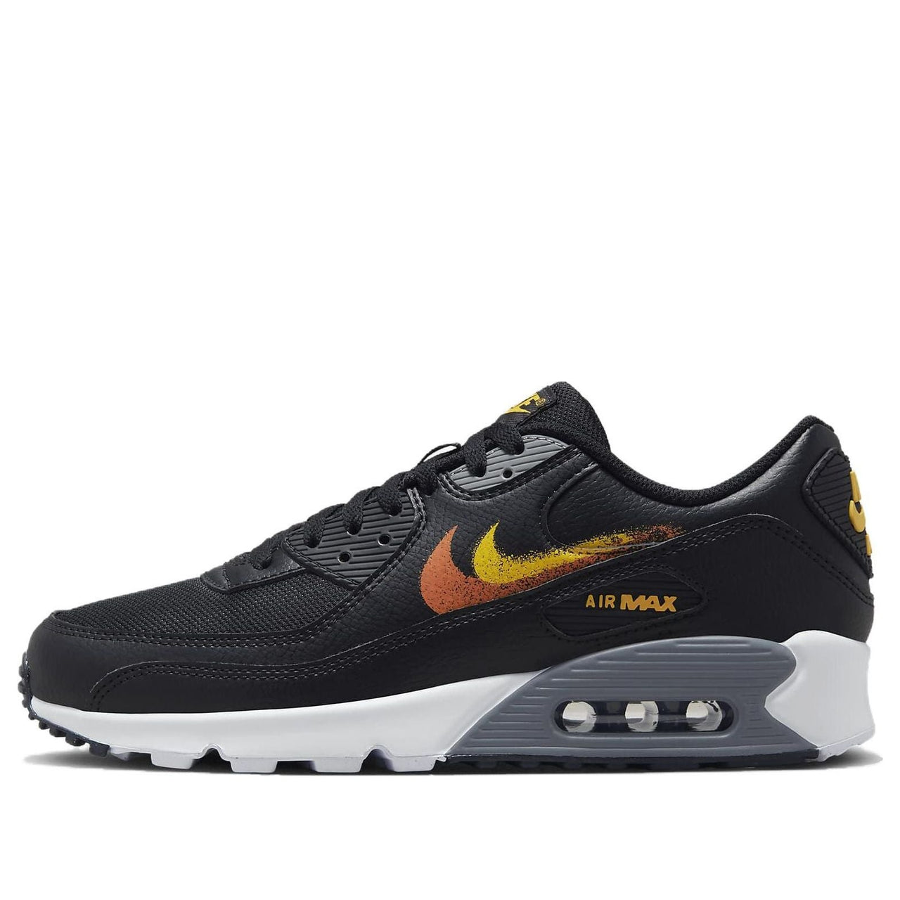 Nike Air Max 90 'Spray Paint Swoosh - Black Gold Orange' FJ4229-001