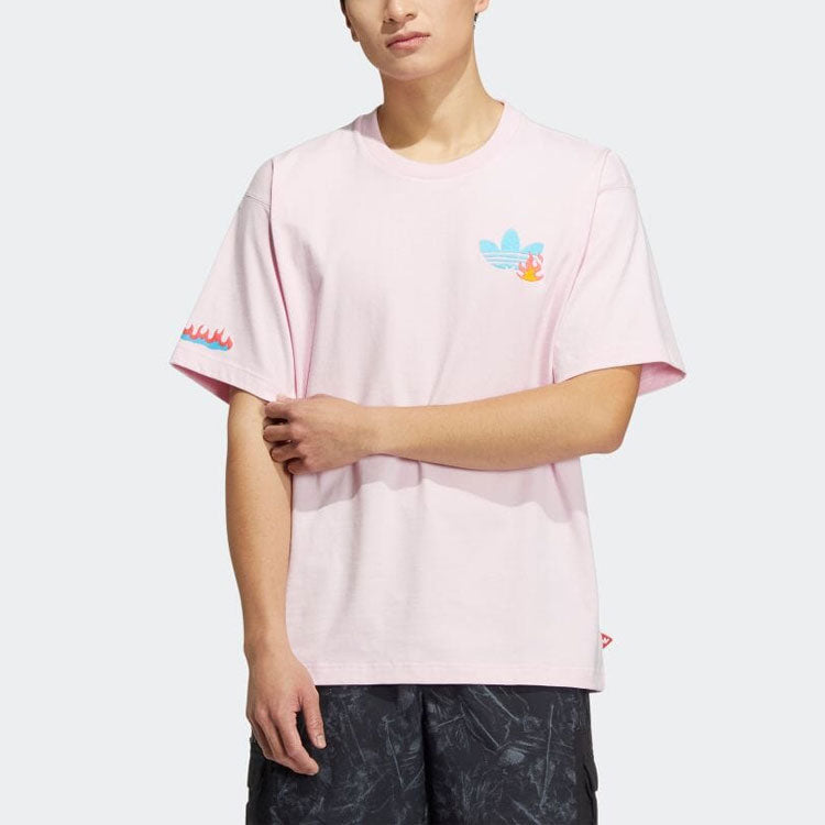 adidas originals Solid Color Cartoon Flame Pattern Printing Round Neck Casual Short Sleeve Pink HM8042