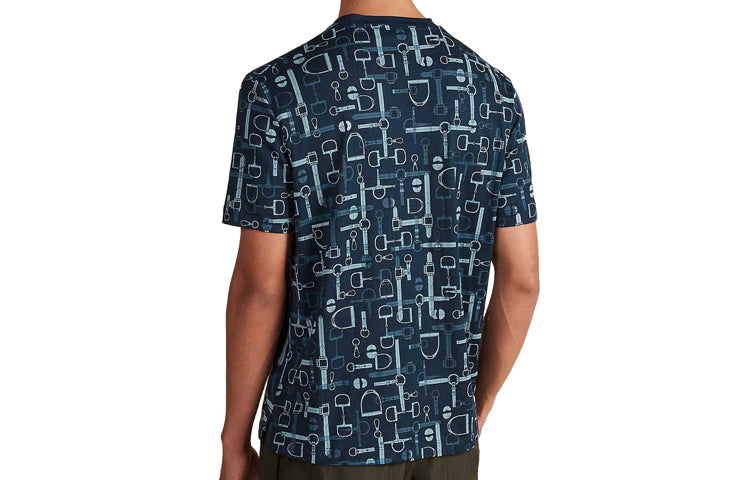 Men's HERMES Labyrinthe Equestre Full Print Pattern Printing Round Neck Short Sleeve Blue H037735-HA01