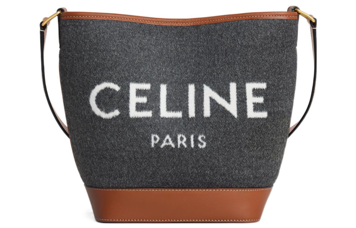 CELINE Fabric With Cow Leather Bucket Bag, Shoulder Bag, Crossbody Bag Small Size Women's Gray/Beige