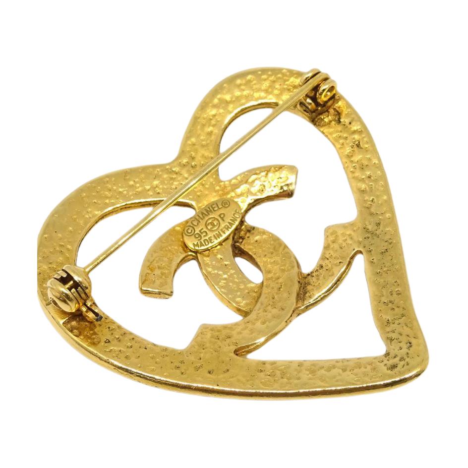 CHANEL 1995 Gold Plated Cc Heart Brooch