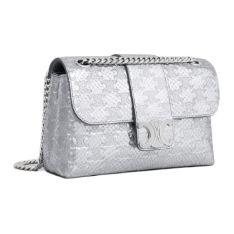 CELINE Cow Leather Crossbody Bag, Shoulder Bag Small Size Women's Silver
