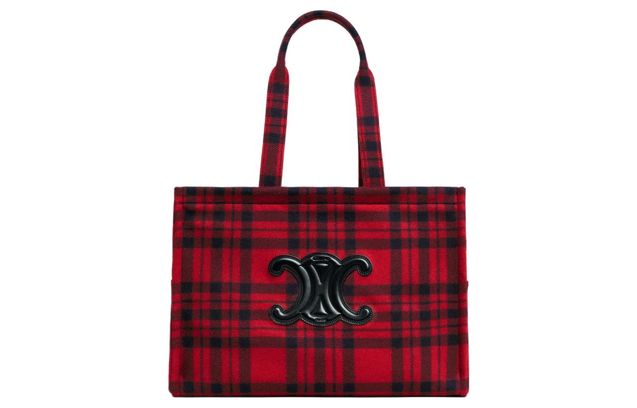 CELINE Fabric Plaid With Cow Leather Handbag Women's Red Black