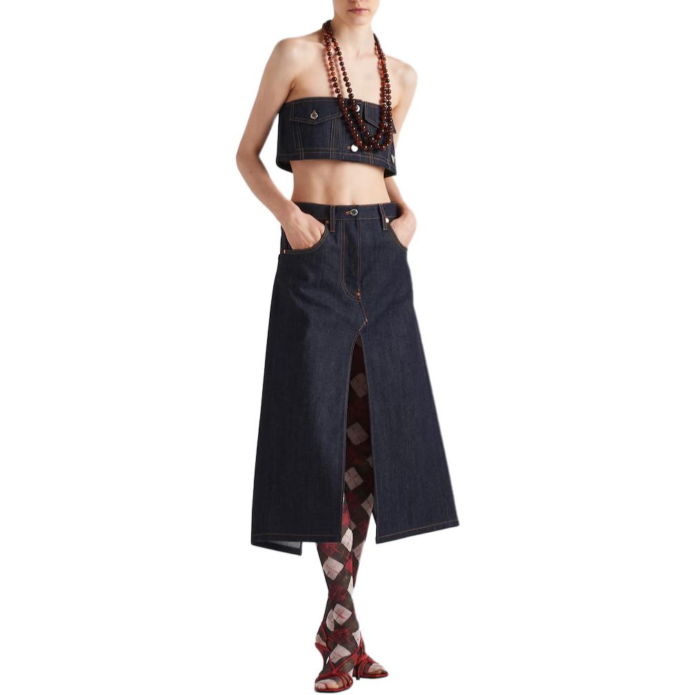 PRADA Crop Top In Selvedge Denim Strapless Top Women's Marine Blue