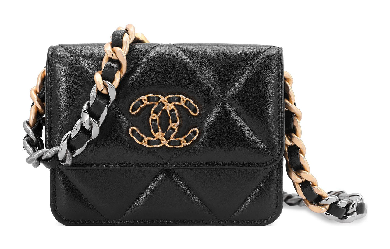 CHANEL 19Bag Sheepskin Coin Purse Fanny Pack Women's Black