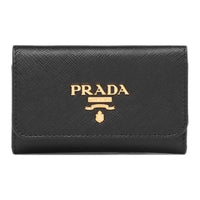 PRADA Saffiano Leather Key Pouch Women's Black & Hibiscus