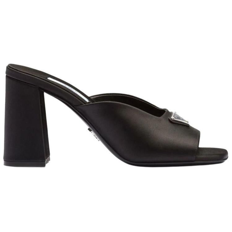 PRADA Enamel Triangle Logo 85mm High-heel Satin Slides