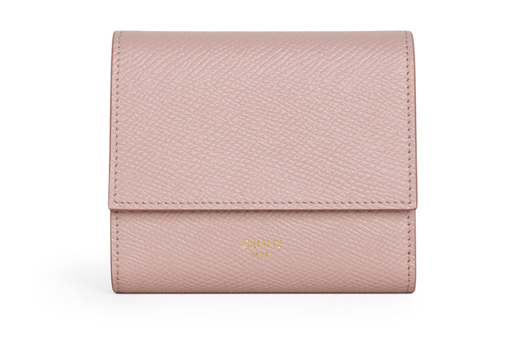 CELINE Essentials Series Grained Cow Leather Trifold Wallet Small Size Women's Vintage Pink Red