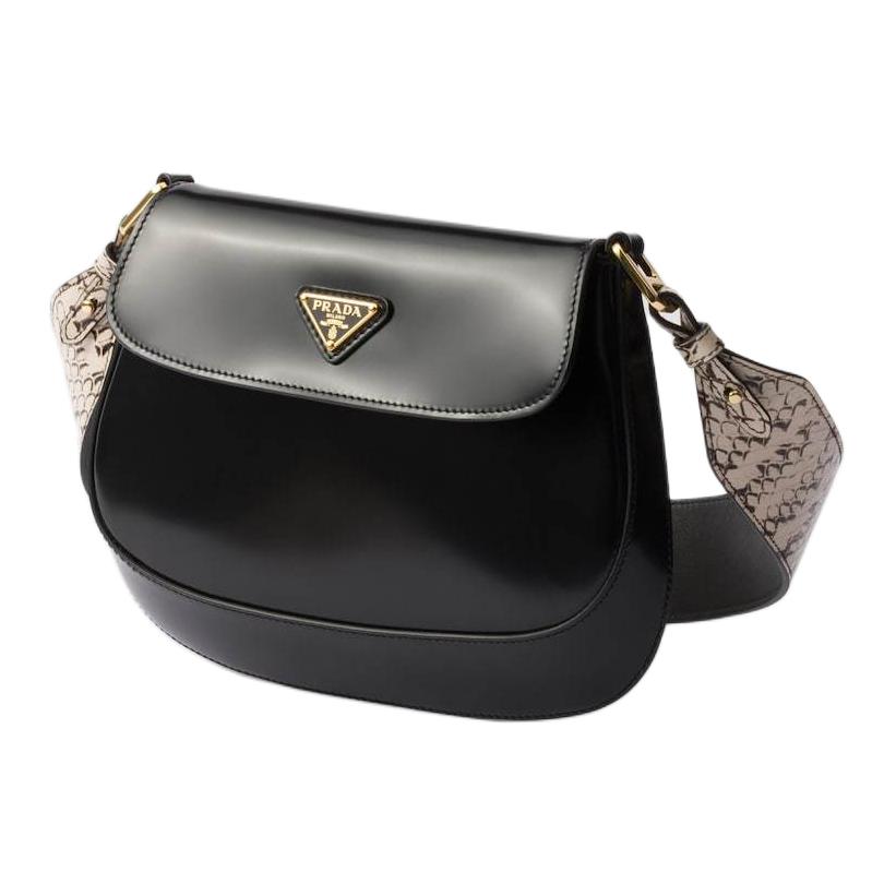 PRADA Cleo Leather Handbag Shoulder Bag Women's Black/Lime Gray