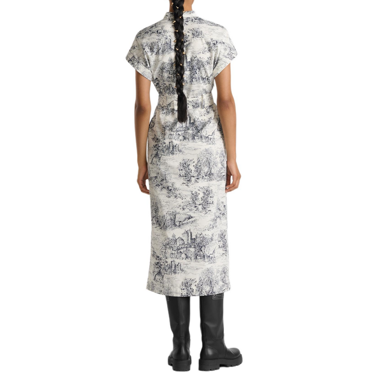 DIOR All Over Patterned Belted Short Sleeved Dress