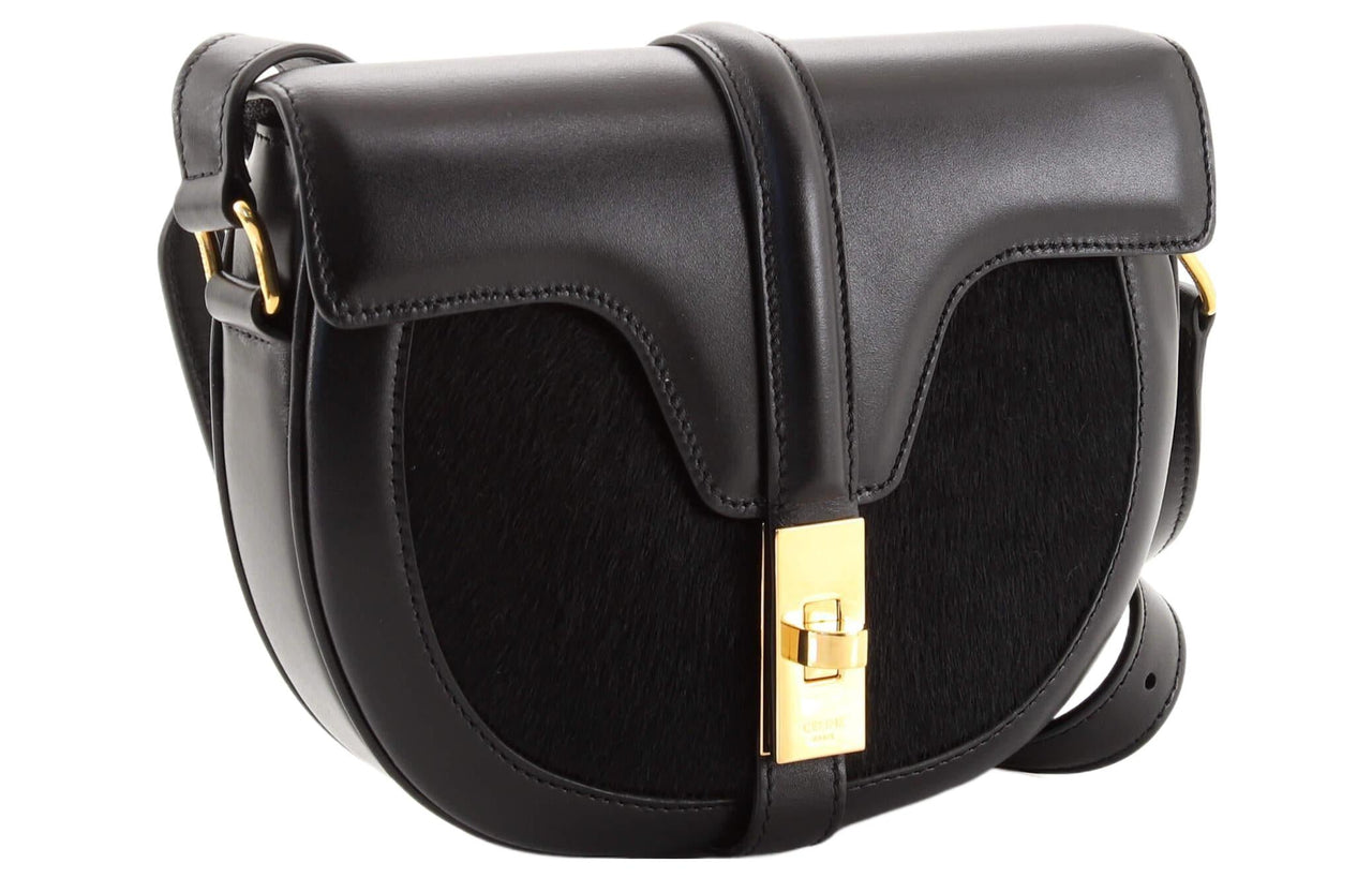 CELINE Besace Cowhide With Horsehair Saddle Bag Shoulder Bag Crossbody Bag Small Size Women's Black