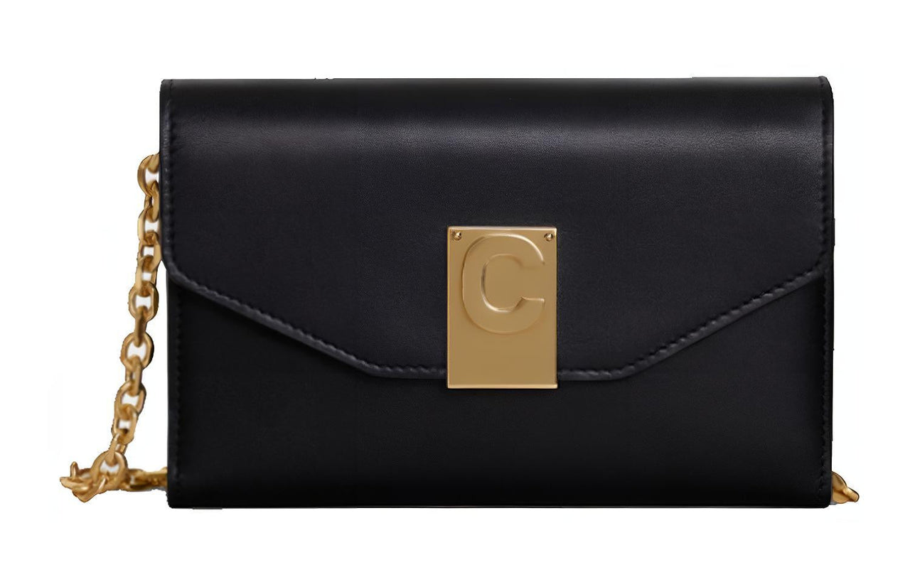 CELINE Cow Leather One Shoulder Handbag Crossbody Bag Women's Black
