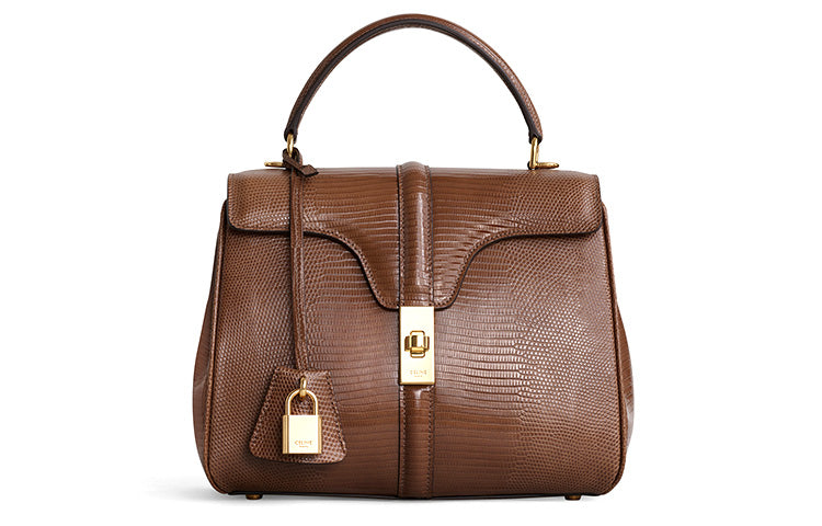 CELINE 16 Lizard Skin Handbag Small Size Women's Camel Brown