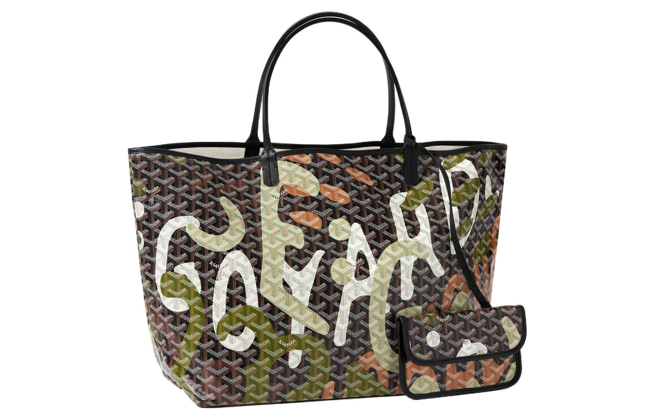 GOYARD Saint Louis Canvas With Leather Combo Tote Bag One Shoulder Handbags Large Size Unisex Black/Green