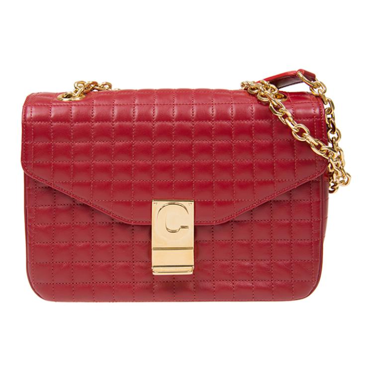 CELINE Cow Leather Shoulder Bag Medium Size Women's Red