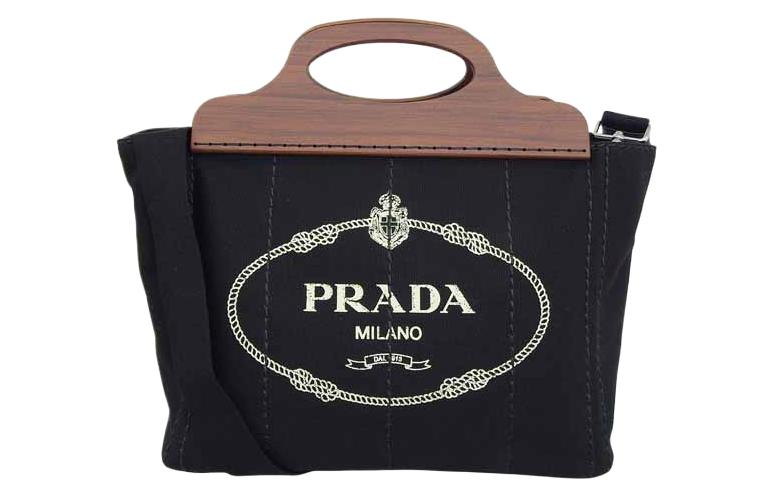 PRADA Canvas With Wood One Shoulder Canvas Bag Handbag Women's Black